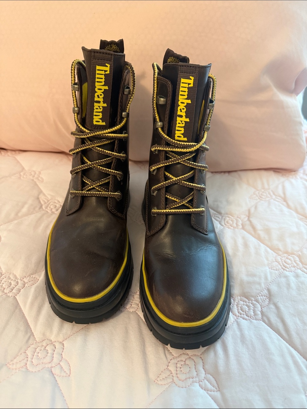 Timberland women’s Brown Leather water resistant Boots with Yellow Trim